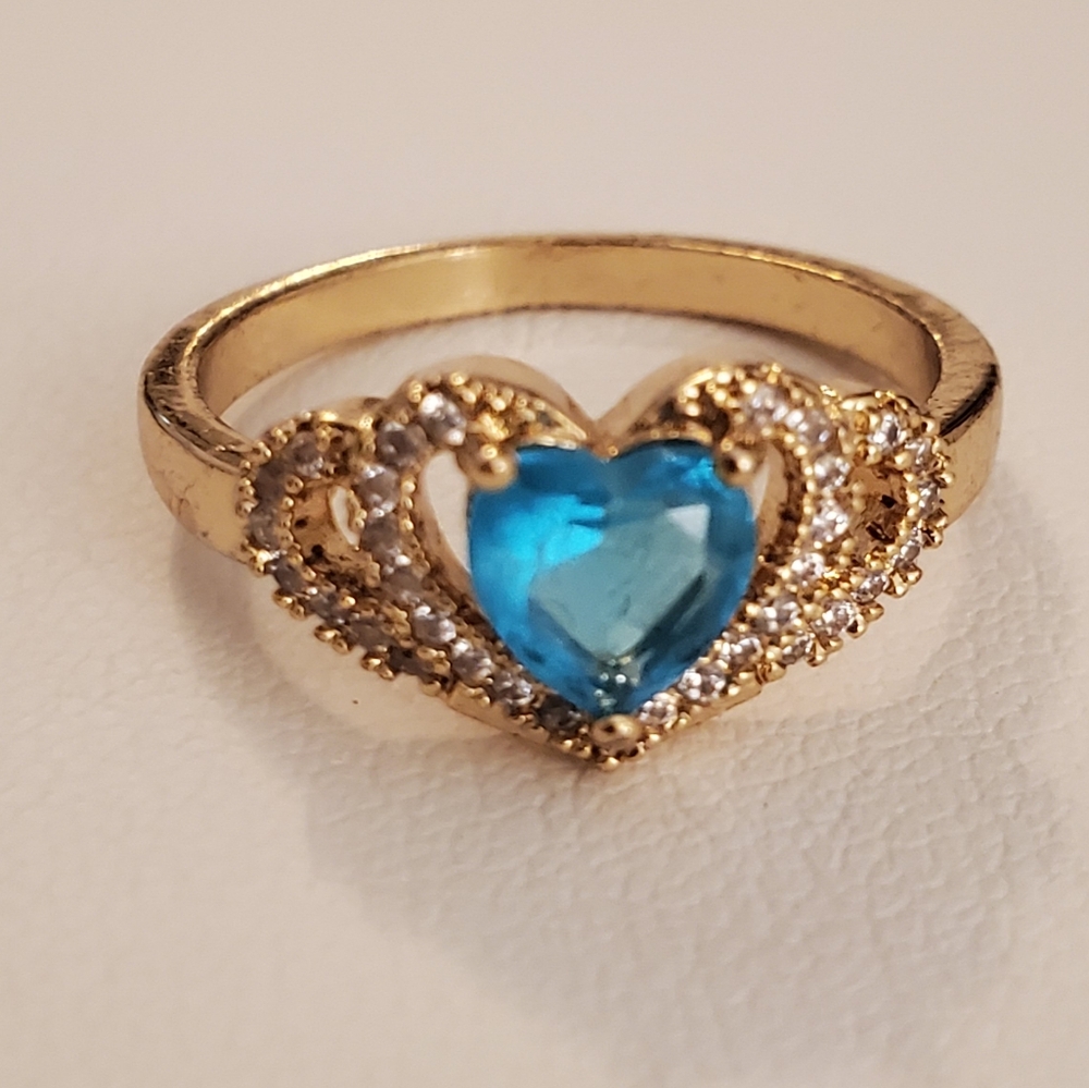 Goldtone Blue Heart Cz Ring
